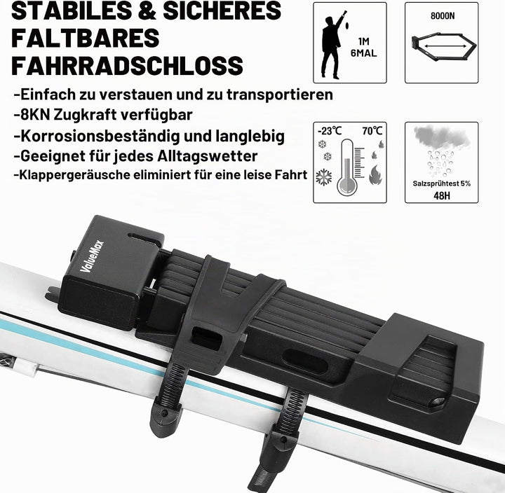 ValueMax Faltschloss mit Halterung, Fahrradschloss aus gehärtetem Stahl mit 2 Schlüssel, 100cm lang