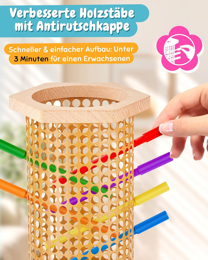 Montessori Spielzeug ab 3 4 5 6 Jahren - Holz Brettspiel mit bunten Antirutsch-Stäbchen, Ball & Würf