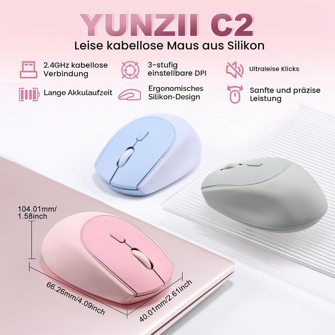 YUNZII C2 Drahtlose Maus, 2,4 GHz Silikon-Lautlose Funkmaus, 3 Verstellbare DPI, 1600 DPI Tracking,