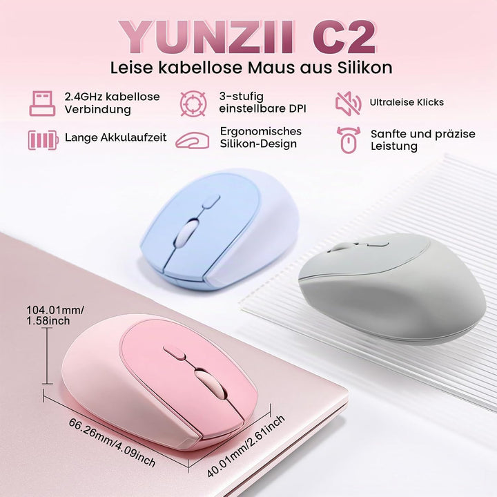 YUNZII C2 Drahtlose Maus, 2,4 GHz Silikon-Lautlose Funkmaus, 3 Verstellbare DPI, 1600 DPI Tracking,