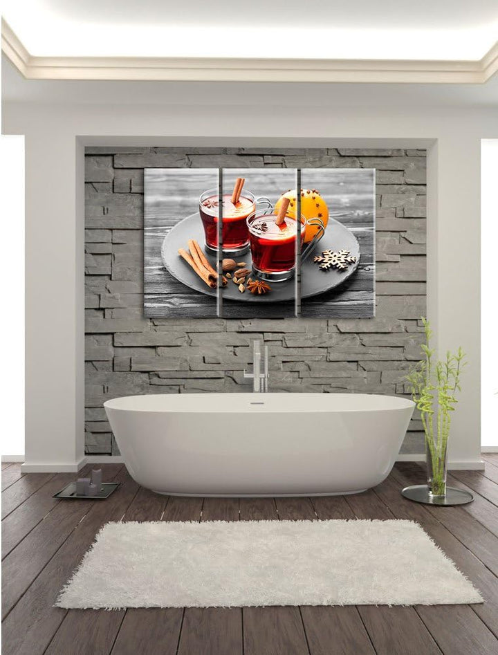 Pixxprint Aromatischer Glühwein mit Zimt Schwarz/Weiss 3-Teiler Leinwandbild 120x80 Bild auf Leinwan