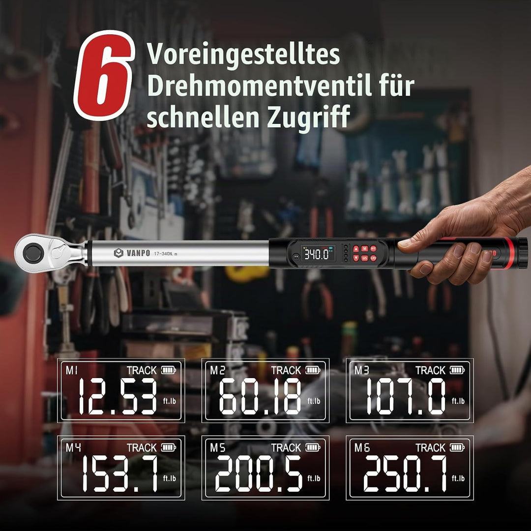 VANPO Digitaler Drehmomentschlüssel 1/2 Zoll, 17-340 Nm, ±2% Genauigkeit, elektronischer Drehmoments