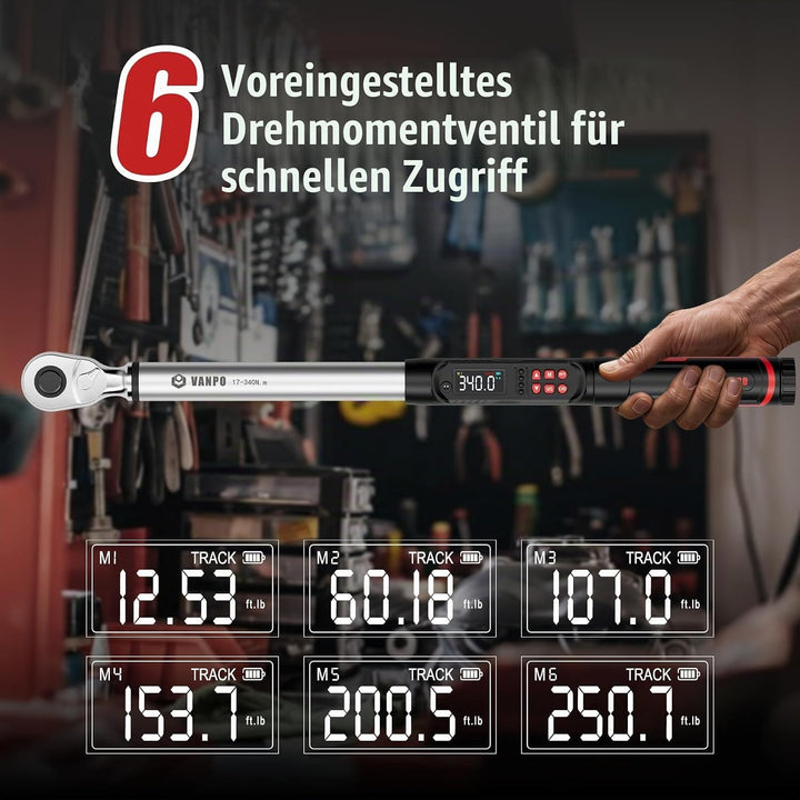 VANPO Digitaler Drehmomentschlüssel 1/2 Zoll, 17-340 Nm, ±2% Genauigkeit, elektronischer Drehmoments