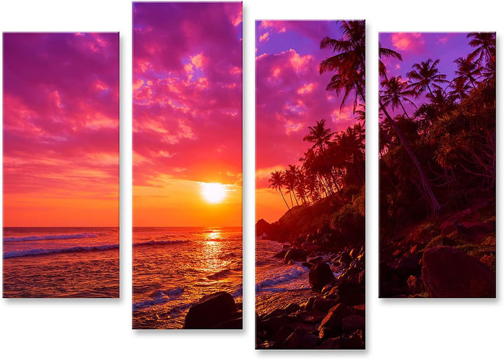 islandburner Bild auf Leinwand Sonnenuntergang Am Tropischen Strand Mit Palmen Silhouetten Bilder Wa