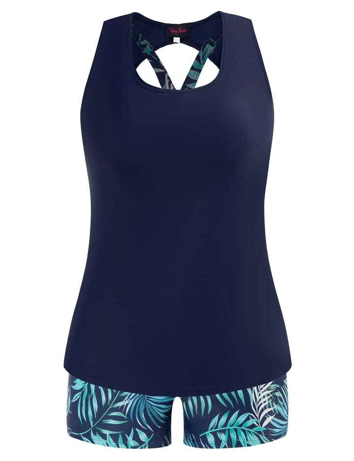 Tankini Damen Sportlich Grosse Grössen Dreiteilig Tank Aushöhlen Oberteil mit Boyshorts Push Up Bade