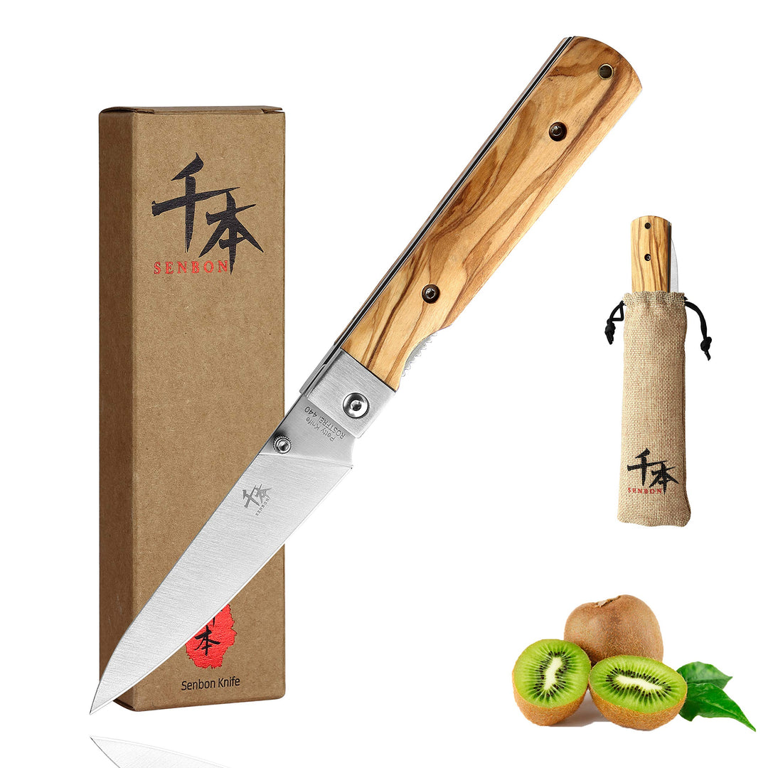 SENBON 440A Stainless Steel Ultra Sharp Pocket Folding Japanese Peeling Utility Knife Natural Olive
