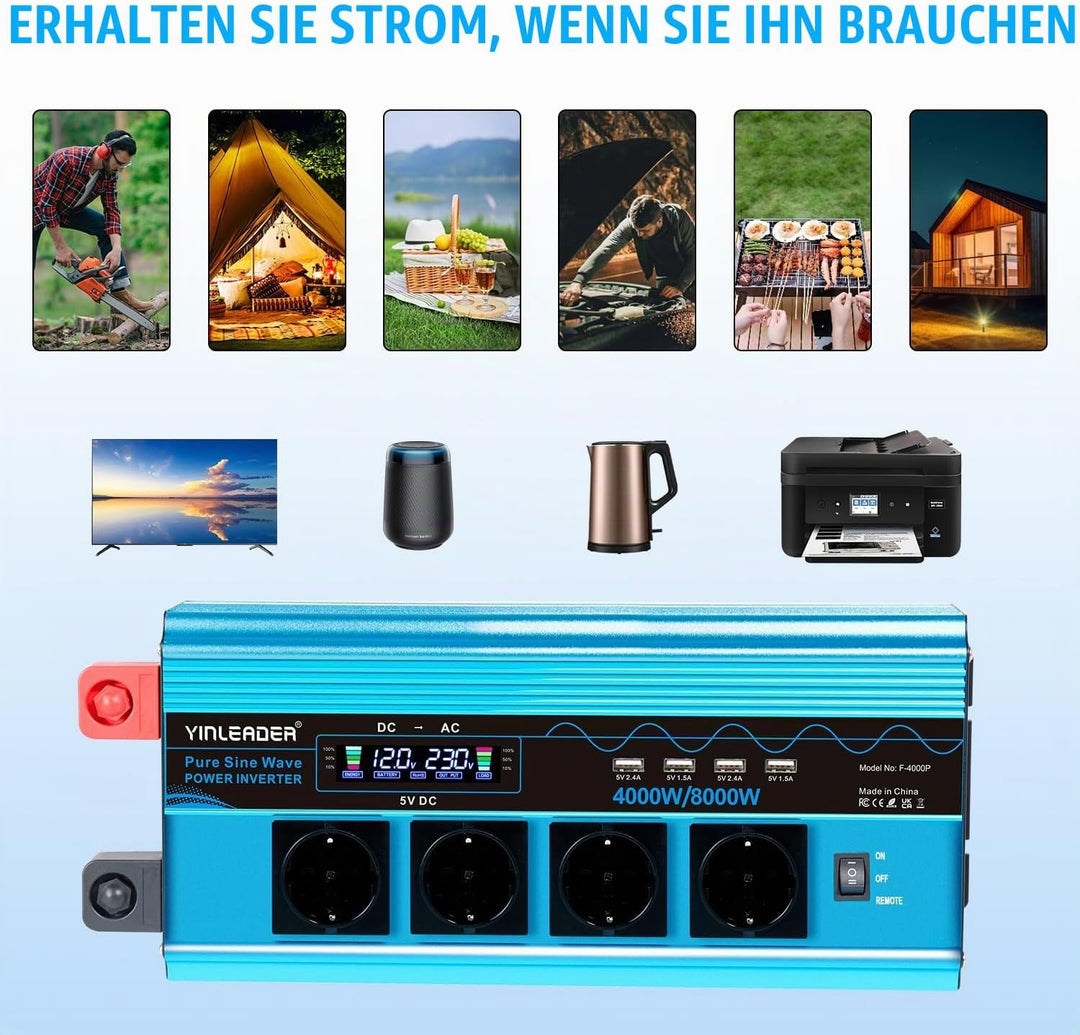 Wechselrichter 4000W Spannungswandler Reiner Sinus 12V 230V mit 4 Europäische Steckdose und 4 USB-An