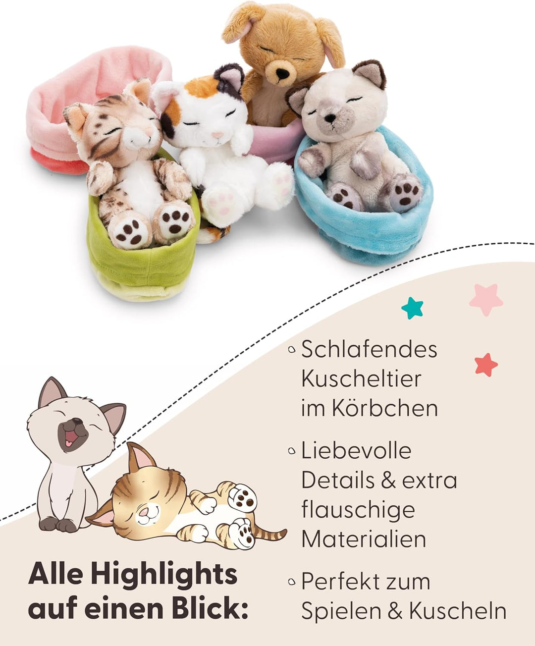 NICI Kuscheltier Hund 12cm schlafend im Körbchen - beige - 63133 | Stofftier aus weichem Plüsch, nie