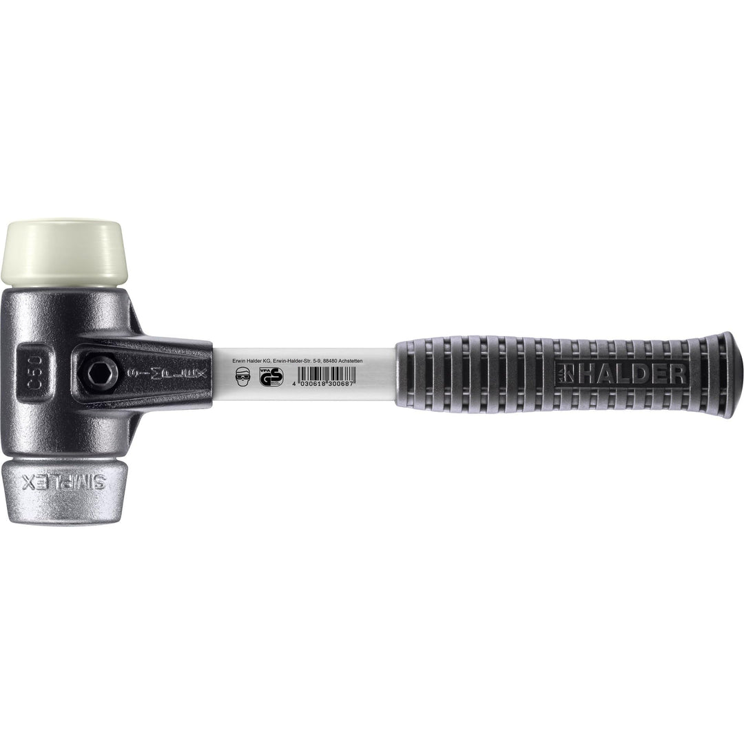 SIMPLEX-Schonhammer, Nylon/Weichmetall; mit verstärktem Tempergussgehäuse und Fiberglasstiel | D=50