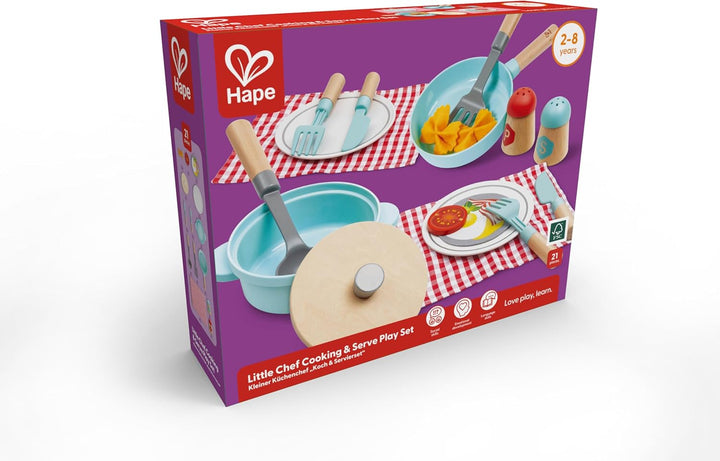 Hape Koch- & Servierset für Kinder – Holz Spielküche Zubehör, Rollenspiel Kochset mit Töpfen, Pfanne