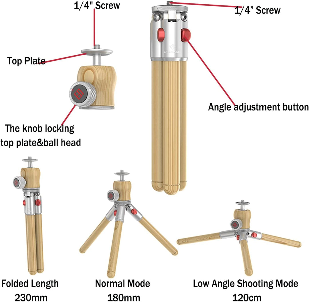 IFOOTAGE Timberpod Minipod aus Buche, Holzstativ, 1/4 Zoll Schraube, 360° und 90° Flexibler Kugelkop