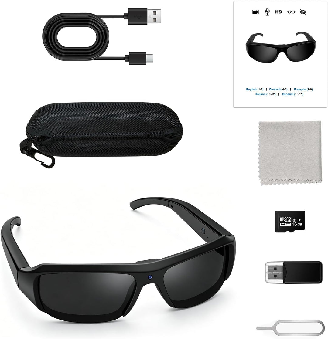 Kleine Brillenkamera, 16GB Sportbrille mit Kamera, 1080P HD Mini Actionkamera, MicroVideokamera Sonn