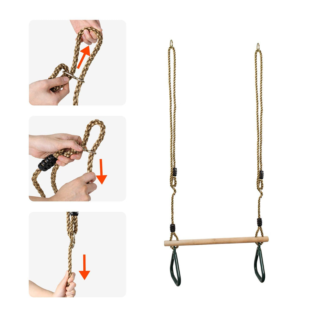 Leogreen Kinder Holz Trapeze Schaukel mit Kunststoff Turnringe, Aufhängen belastbar bis 150KG, Schau