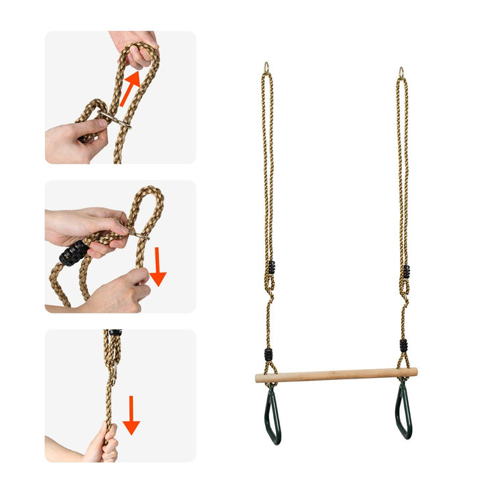 Leogreen Kinder Holz Trapeze Schaukel mit Kunststoff Turnringe, Aufhängen belastbar bis 150KG, Schau