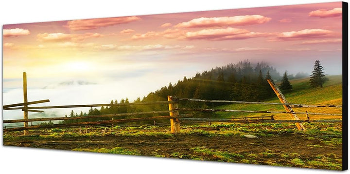 Paul Sinus Art Panoramabild auf Leinwand und Keilrahmen 150x50cm Morgengrauen Landschaft Wald Wiese