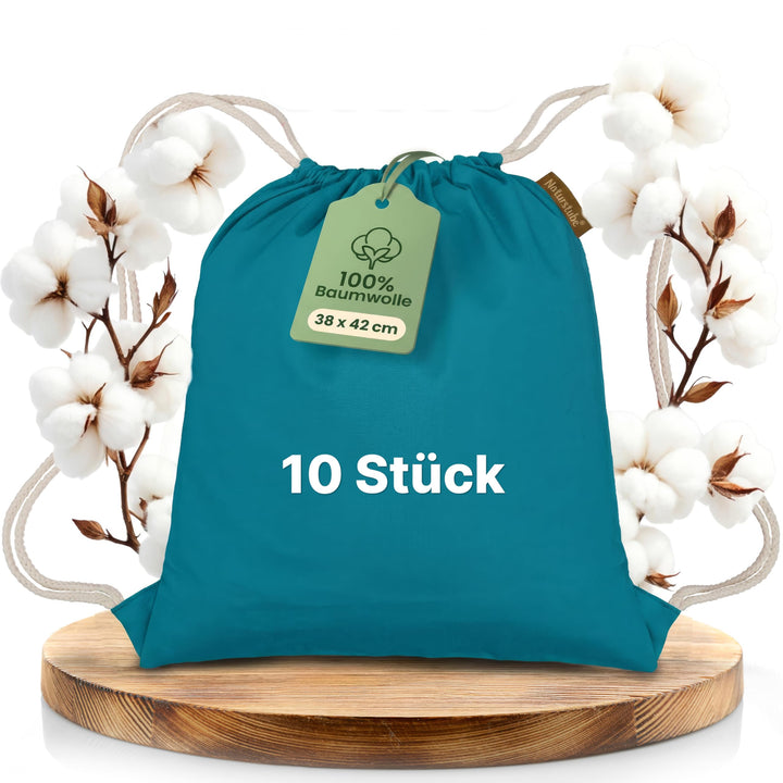 Baumwoll 10er Set Petrol farbene Turnbeutel Sportbeutel Zuziehbeutel Gymsack Sack Jute Schule Rucksa