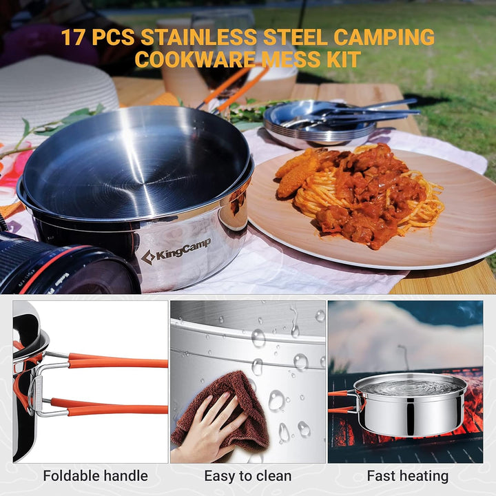 KingCamp Camping Geschirr Set 2-4 Personen I Camping Kochgeschirr aus Edelstahl I Camping Töpfe mit