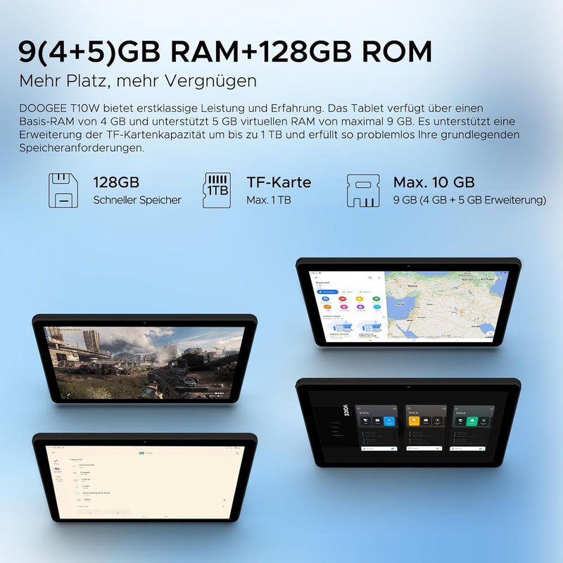 DOOGEE T10W Android Tablet 10 Zoll, Android 14 Quad Core Tablet, 9GB RAM+128GB ROM/TF 1TB, HD Touchs