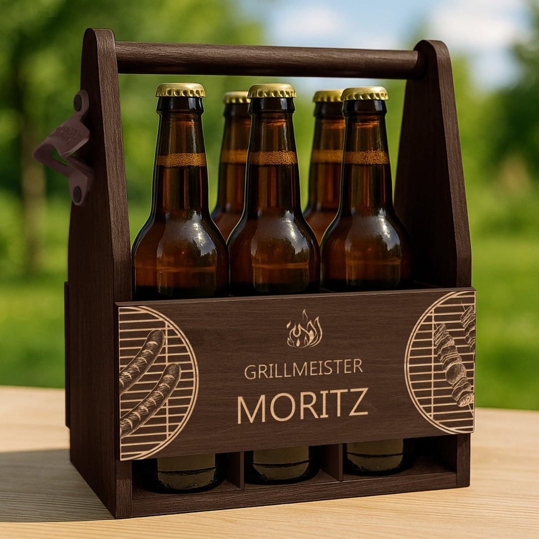 Maverton Bierträger für 6 Flaschen 0,5L + Gravur - Männerhandtasche mit Flaschenöffner - Grösse: 25x