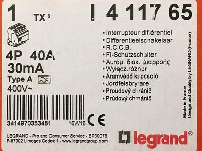 Legrand 411765 TX3 FI 40A 4P 30MA A Single, Single