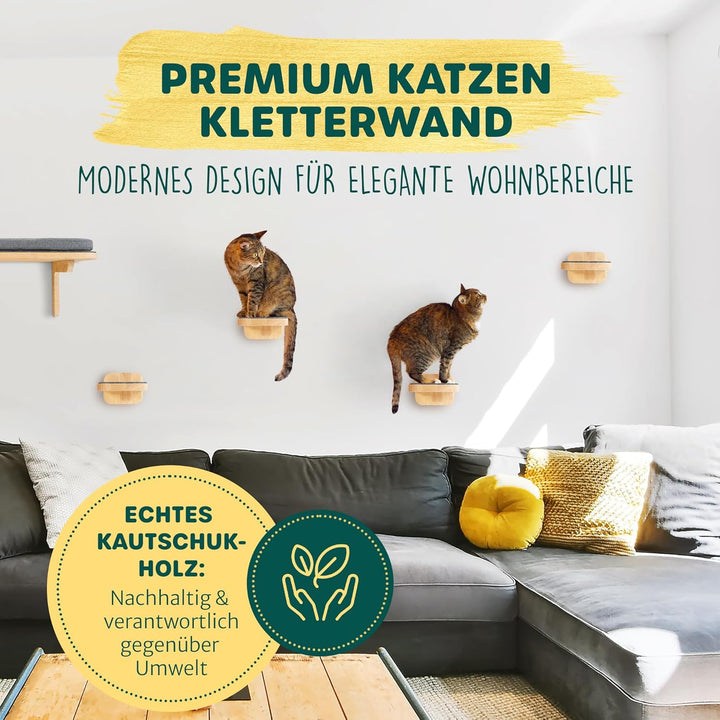 HAPPYPET Katzentreppen 3er-Set für Wandmontage - Nachhaltiges Hartholz, Designer Kletterwand Katzen,