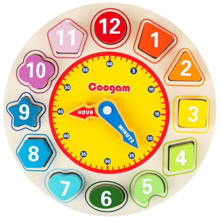 Coogam Lernuhr Holz Montessori Spielzeug mit 12 Steck-Formen Sortierung - Anzahl Blöcke Puzzle Stape