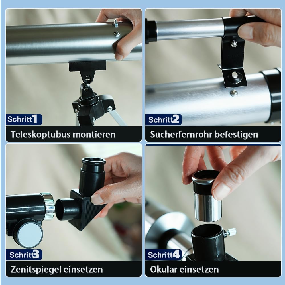 Teleskop für Kinder 50mm 100x Vergrösserung Anfänger Silber Telescopio mit Stativ, 2 Okularen, Suche