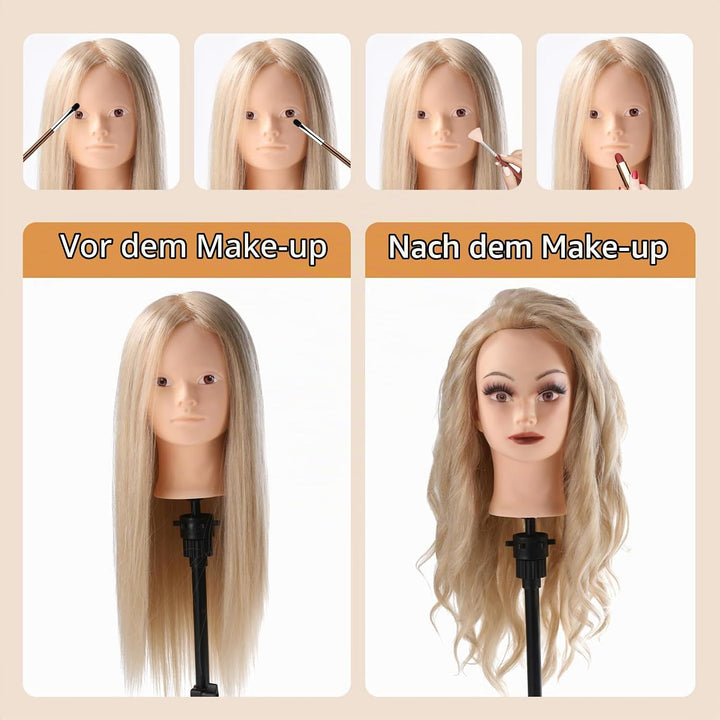 Frisierkopf 70% Echthaar Übungskopf 24 Zoll Frisierkopf Friseure Trainingsköpfe für Friseure zum Fri