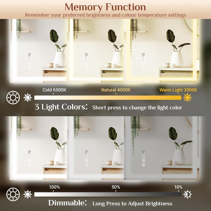 Clevich Badspiegel mit Beleuchtung und Uhr 70×50 cm, LED Spiegel mit 3 Lichtfarben dimmbar, gehärtet