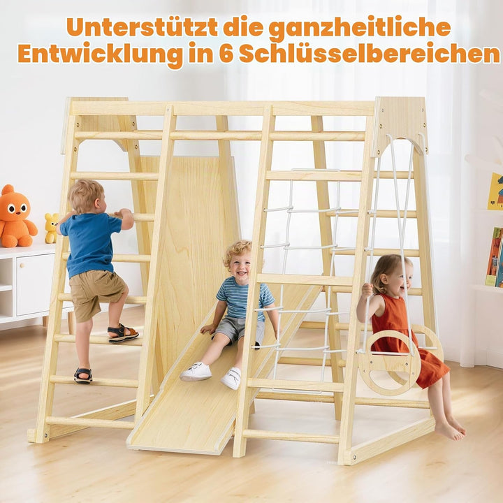 9-in-1-Klettergerüst für den Innenbereich für Kinder, Indoor-Spielplatz aus Holz mit Rutsche und Sch