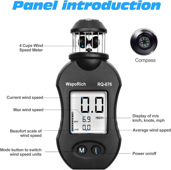 WapoRich Mini Windmesser, 360° Cup-Anemometer Handheld Windmessgerät misst Windgeschwindig 0,7–42 m/