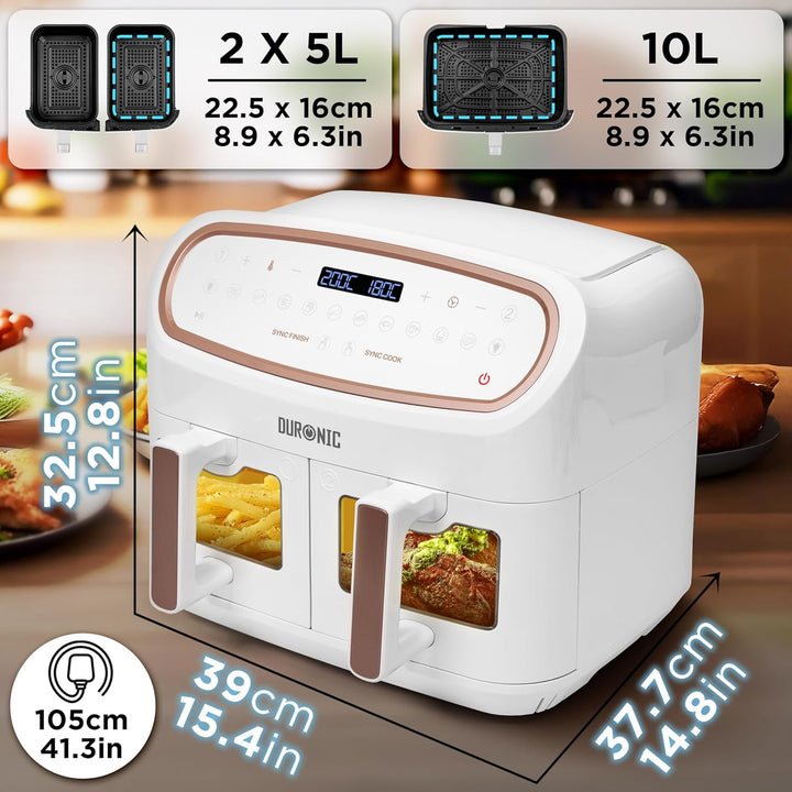 Duronic AF34 WE XXL Heissluftfritteuse, 10L Airfryer mit 2 Kammern, Doppel-Fritteuse ohne Öl, HLF Ai