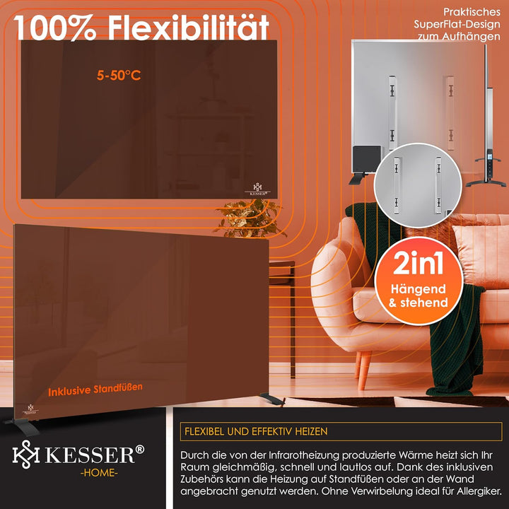 KESSER® Infrarotheizung 500W Glaskonvektor Glasheizung Energiesparend 2in1 Standgerät & Wandmontage