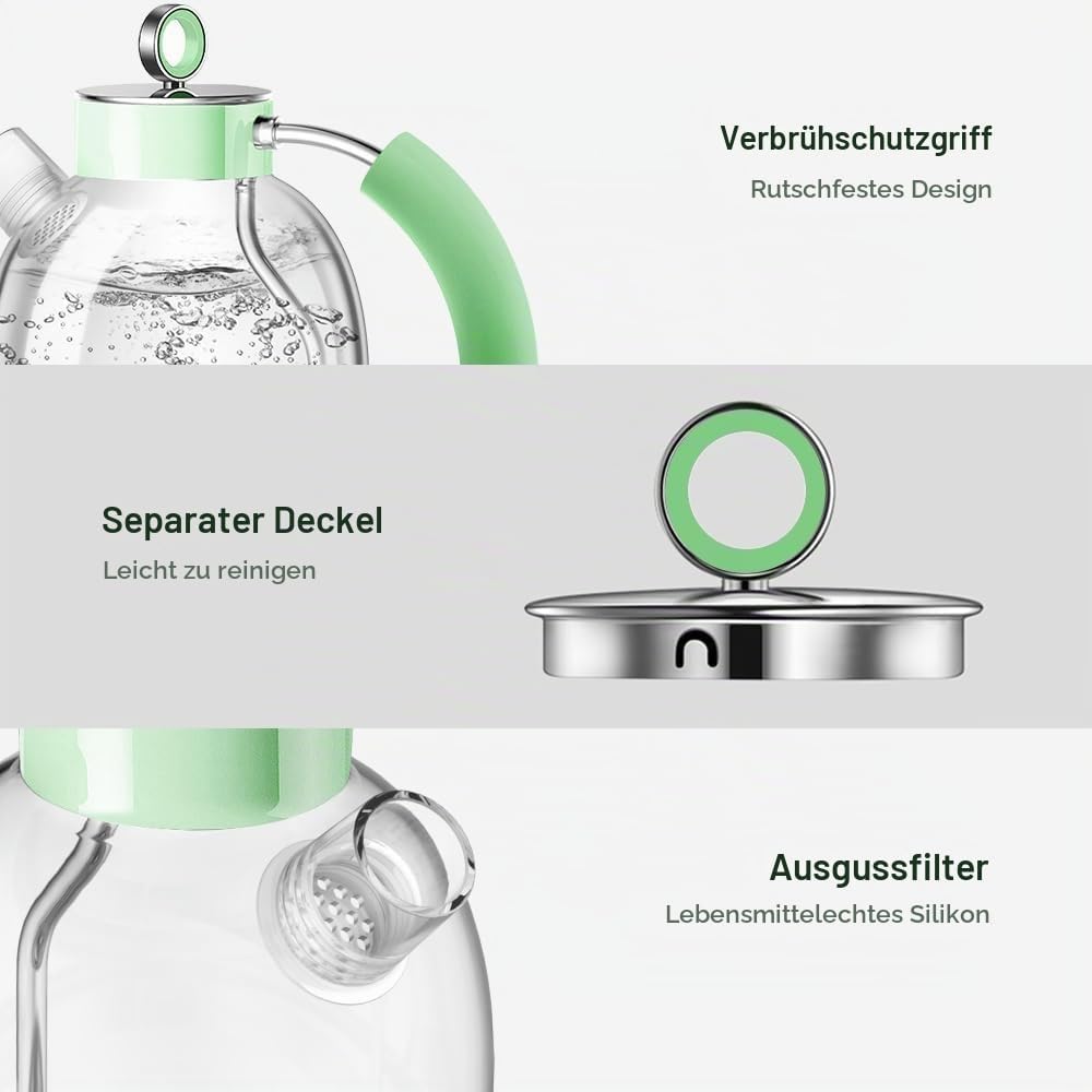 Wasserkocher Glas, ASCOT Elektrischer Wasserkocher Edelstahl, 2200W, 1,5L, leiser Schnellkochkessel,