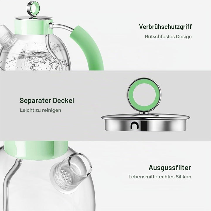 Wasserkocher Glas, ASCOT Elektrischer Wasserkocher Edelstahl, 2200W, 1,5L, leiser Schnellkochkessel,