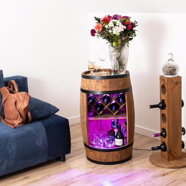 CREATIVE COOPER Fass bar mit Weinhalter - Weinregal LED RGB - Holzfass Hausbar 80x50cm - Rustikaler