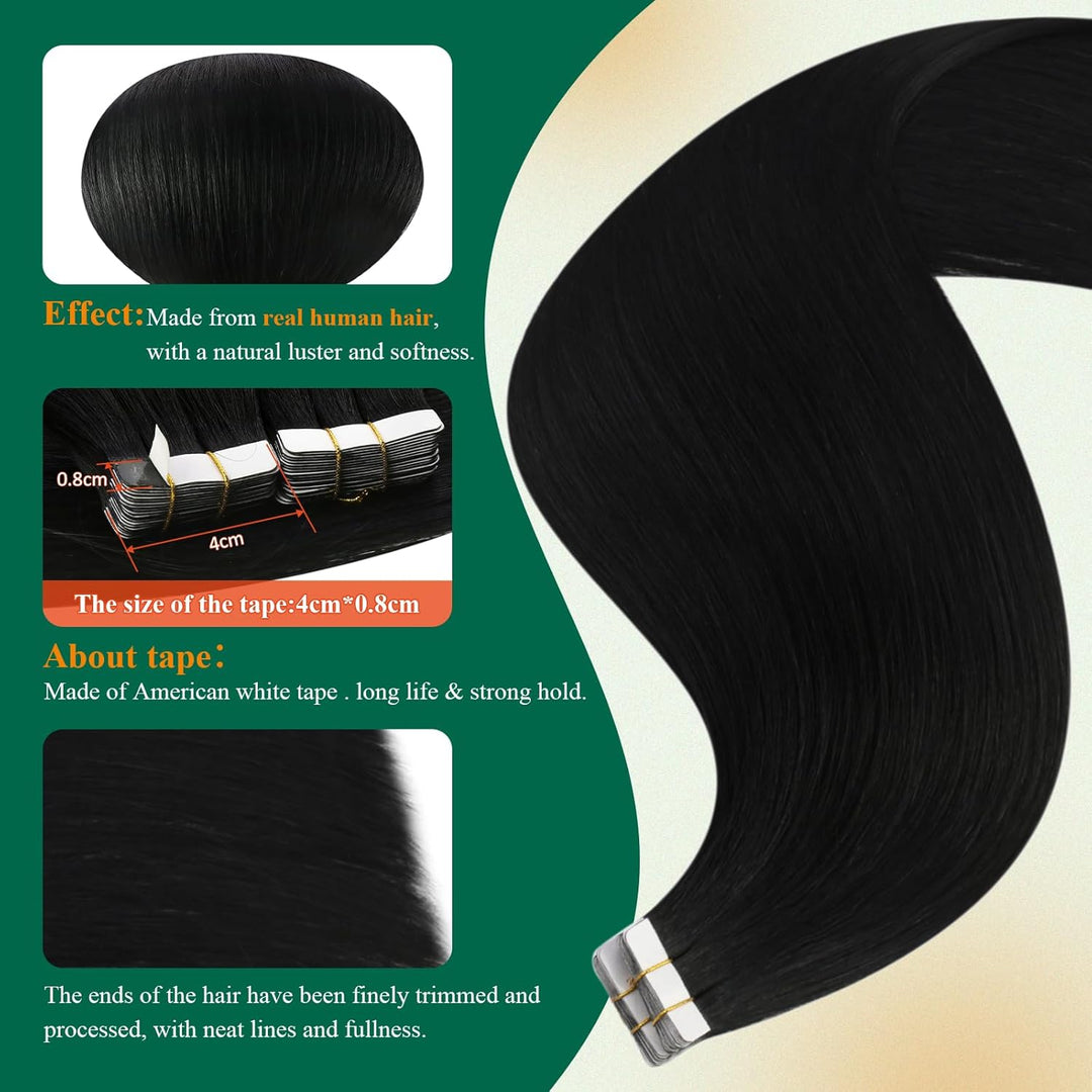 Easyouth Tape in Extension Echthaar Schwarz Tape in Haarverlangerung Remy Tape in Haar Extensions Fa