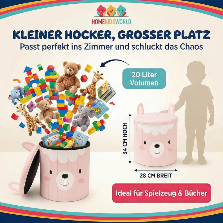 HomeKidsWorlds Kinderhocker Lama - Spielzeugkiste Kinderzimmer, Aufbewahrungsbox mit Deckel, Sitzbox