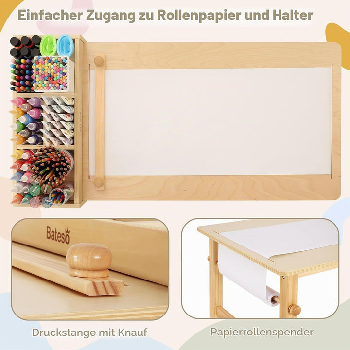 Kinder-Kunsttisch &amp; 2 Stühle Set mit Rollenpapier - Geräumiger Basteltisch mit Ablageflächen zum Zei