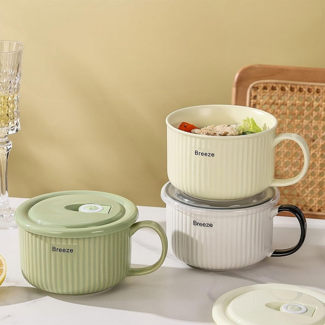 Keramik Suppenschalen mit Griff und Deckel, 750 ml Grosse Suppentasse für Suppe, Instant-Nudel, Müsl