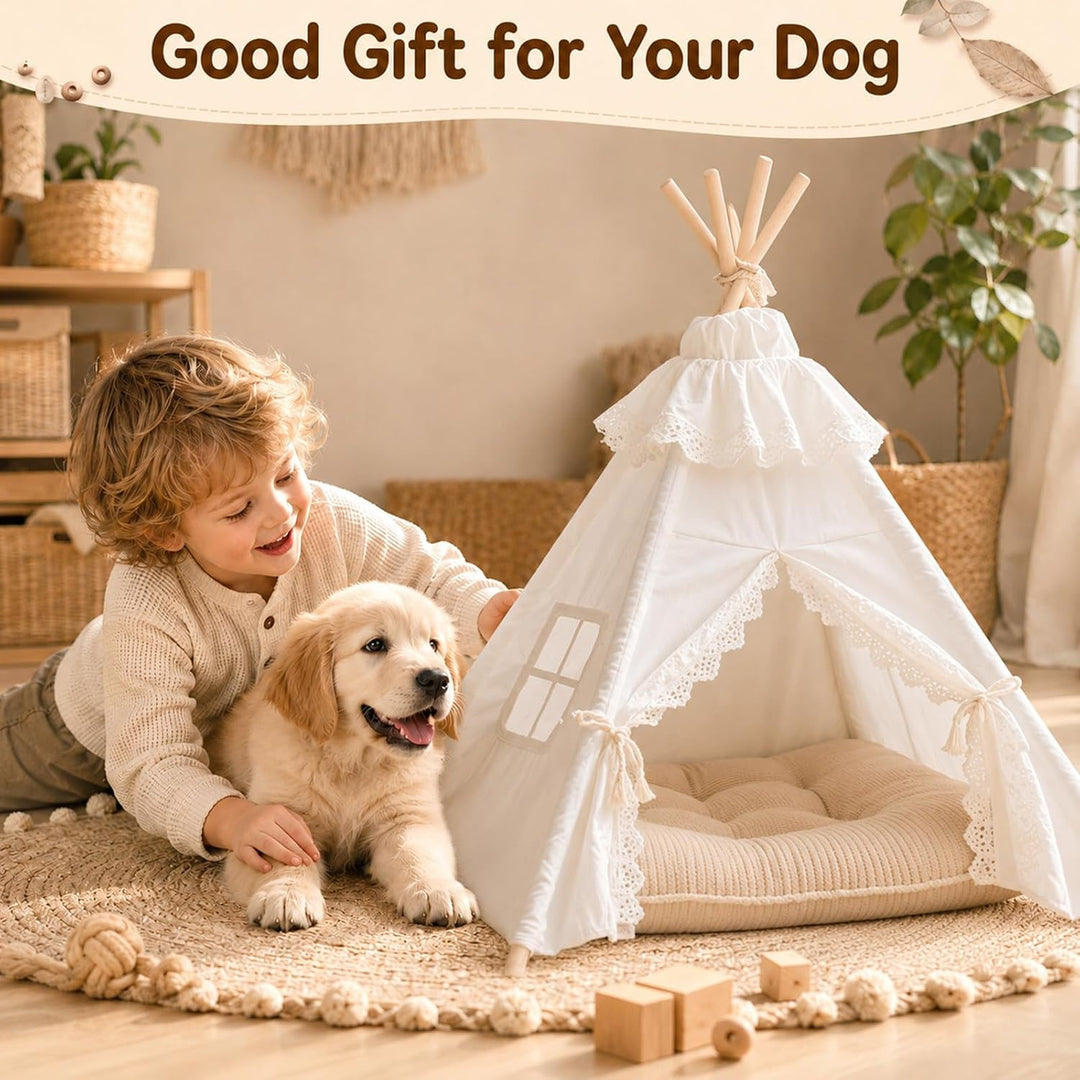 Tipi Zelt für Hunde und Katzen 40x40x50cm, 5-Eckiges Kiefernholz Haustierzelt mit Doppelseitigem Kis