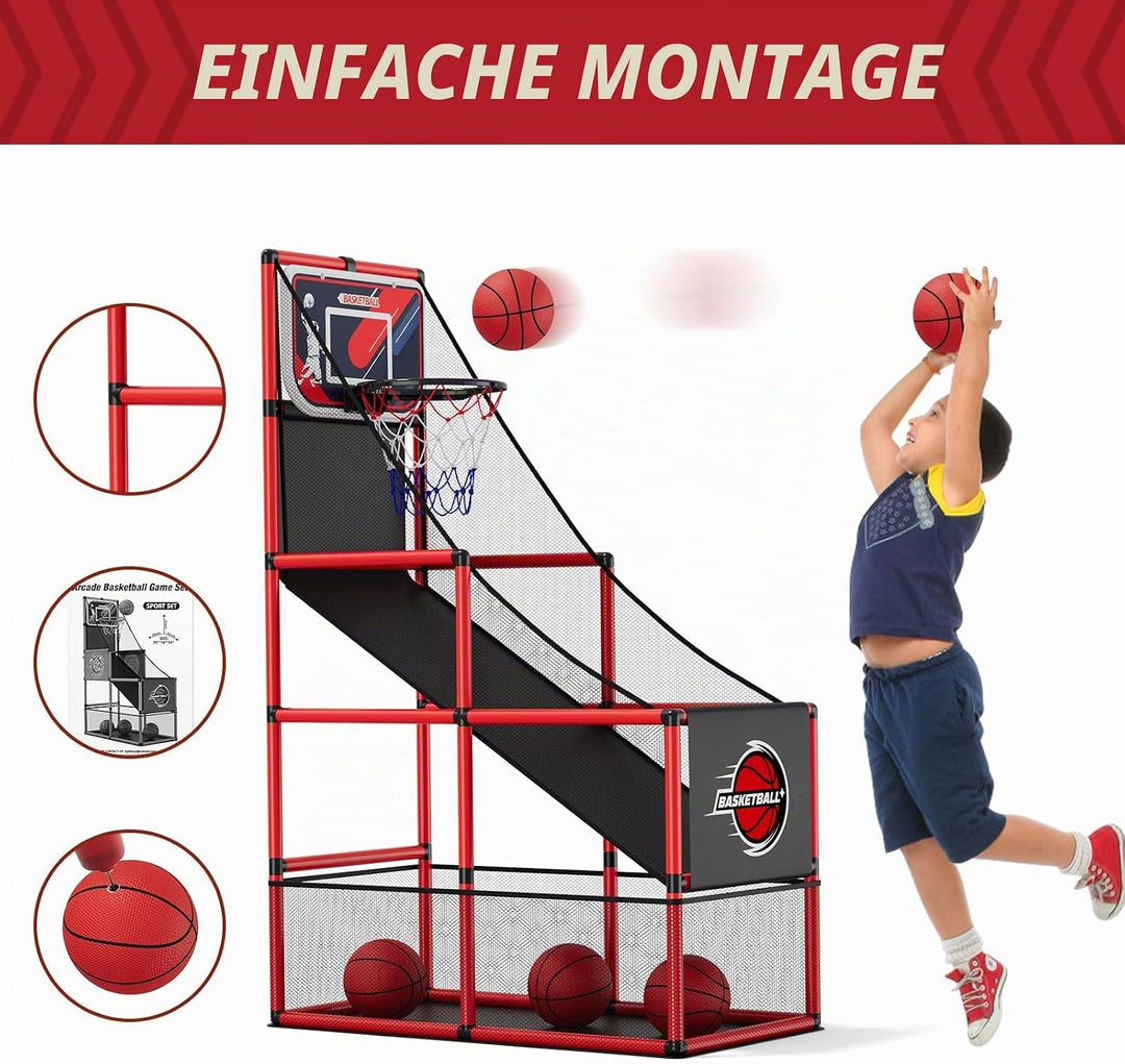 HYES Basketball Arcade Spiel, Kinder Basketballständer mit 4 Bällen, Single Shot Basketballkorb Indo