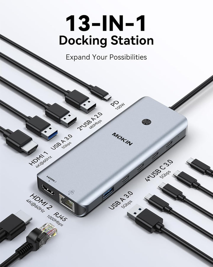 Laptop Docking Station Dual Monitor, USB C Hub mit 2 HDMI, RJ45 Ethernet, 5 Gbps USB C/A, 100W PD fü
