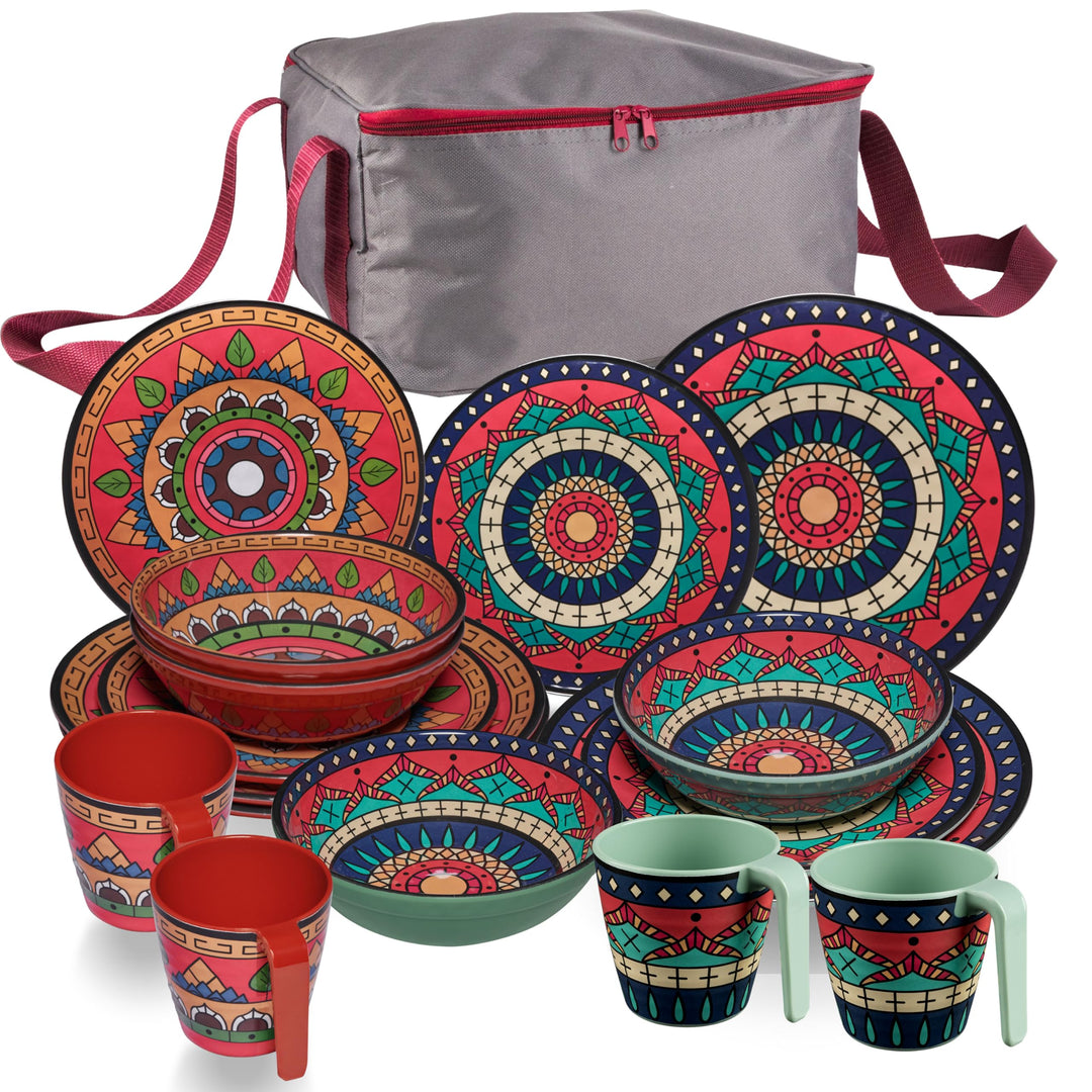 Melamin Geschirr Set Toskana Deep für 4 Personen Rot-Grün Camping Picknick 17 Teile - Tassen+Tasche,