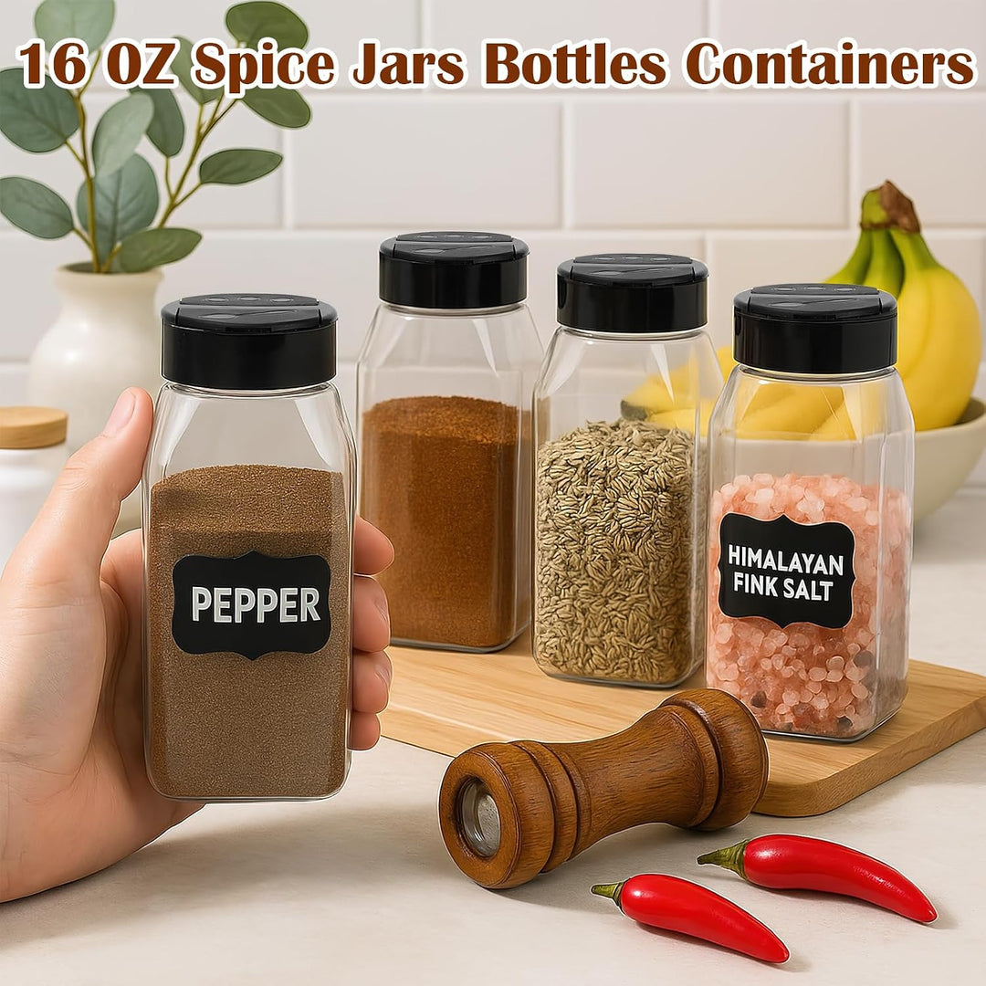 28 Stück Gewürzgläser Eckig Set mit Deckel Plastik Gewürzdosen 475ml | Leer Gewürzstreuer mit Etiket
