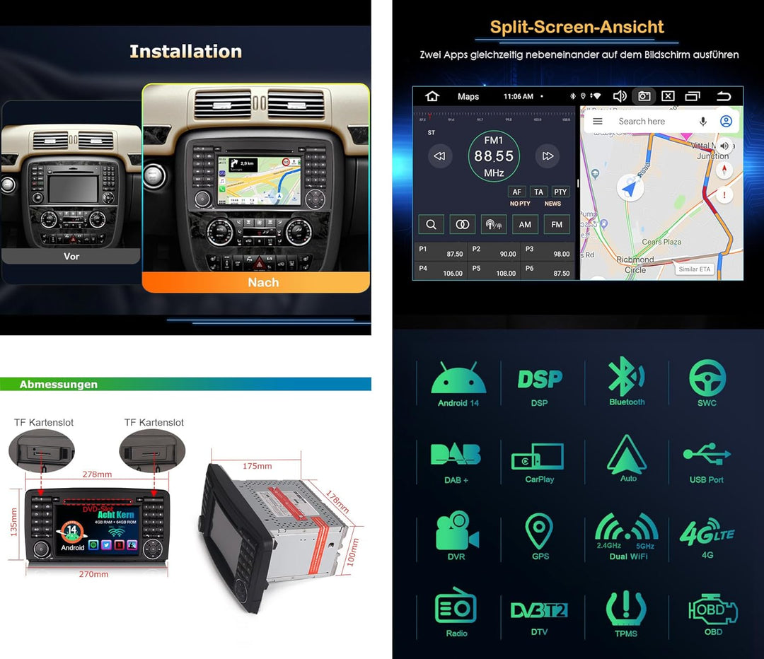 Erisin 8-Kern 4GB RAM+64GB ROM Android 14 Autoradio Bluetooth GPS Navi für Mercedes-Benz R-Klasse W2
