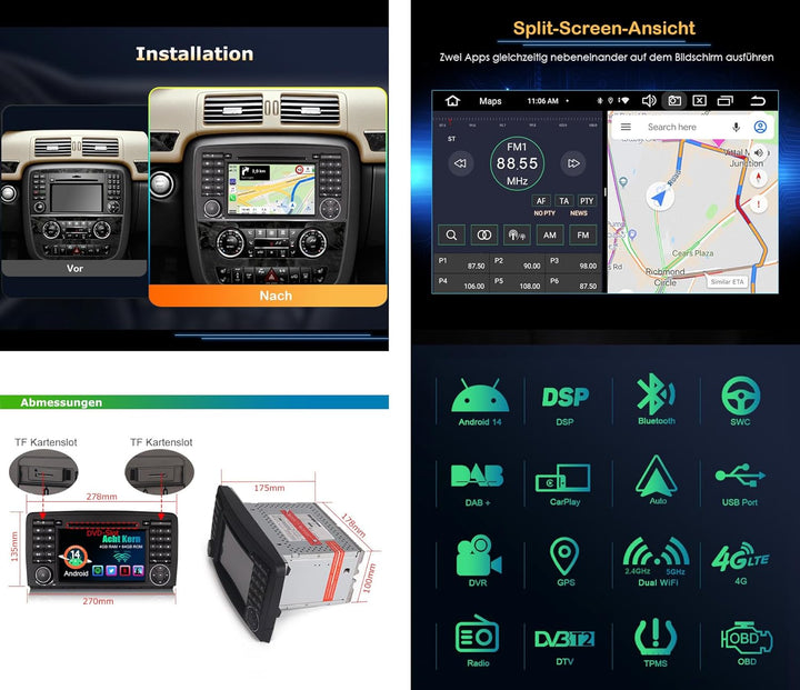 Erisin 8-Kern 4GB RAM+64GB ROM Android 14 Autoradio Bluetooth GPS Navi für Mercedes-Benz R-Klasse W2