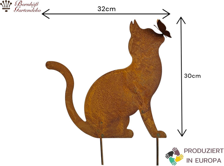 Bornhöft Gartendeko Gartenstecker Katze mit Schmetterling, Edelrost Rost-Optik Metallfigur, Gartensk
