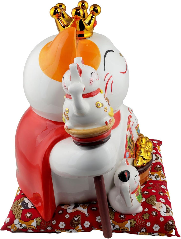 Freak Scene Glückskatze Maneki-Neko Winkekatze Krone Porzellan 26cm weiss winkende Katze Lucky cat