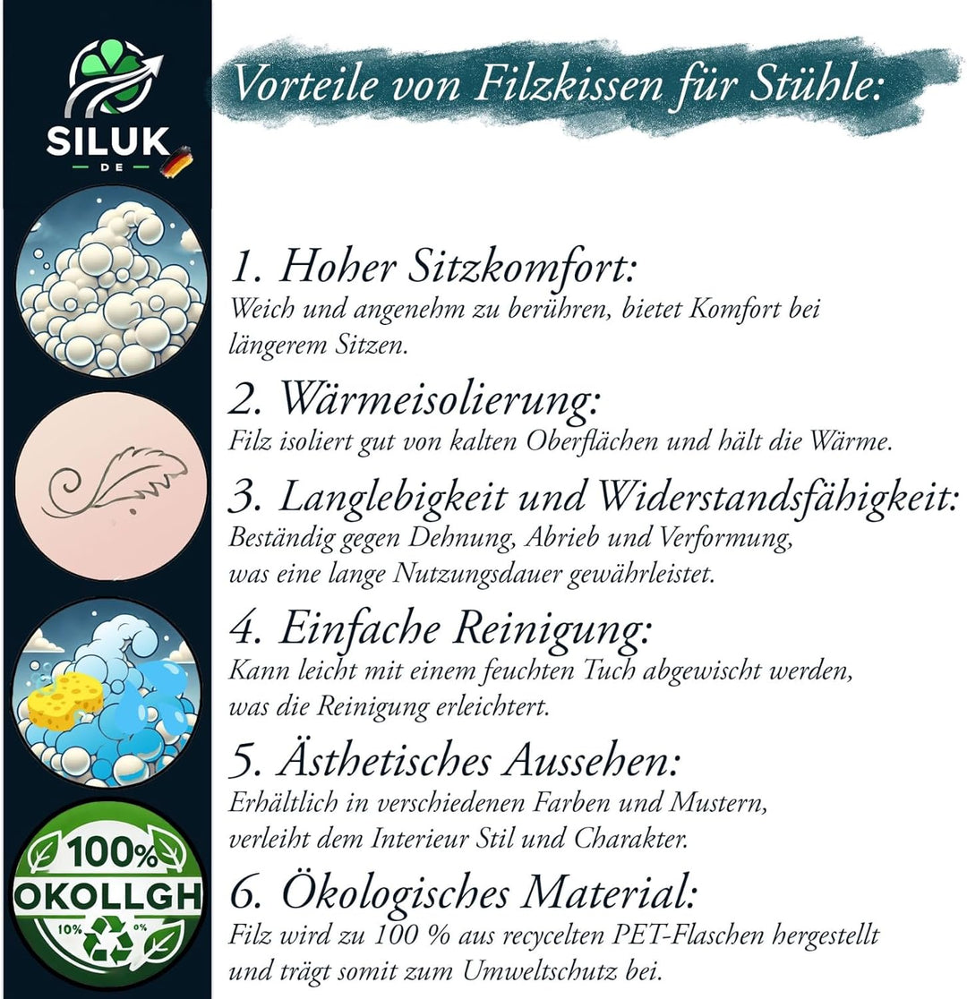 SILUK gemütliches Sitzkissen aus Filz 40cm x 40 cm - Komfortable Waschbare - 4er Set Grau I Schwarz